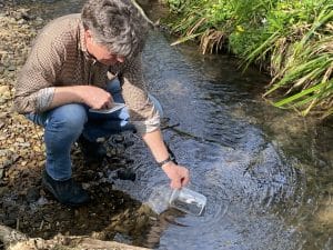 Patricia Stainton and Patrick Thompson release eels to the upper river Brue